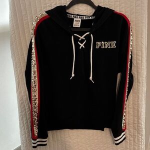 PINK Victoria's Secret Black Hoodie with Sequin and Red Stripes